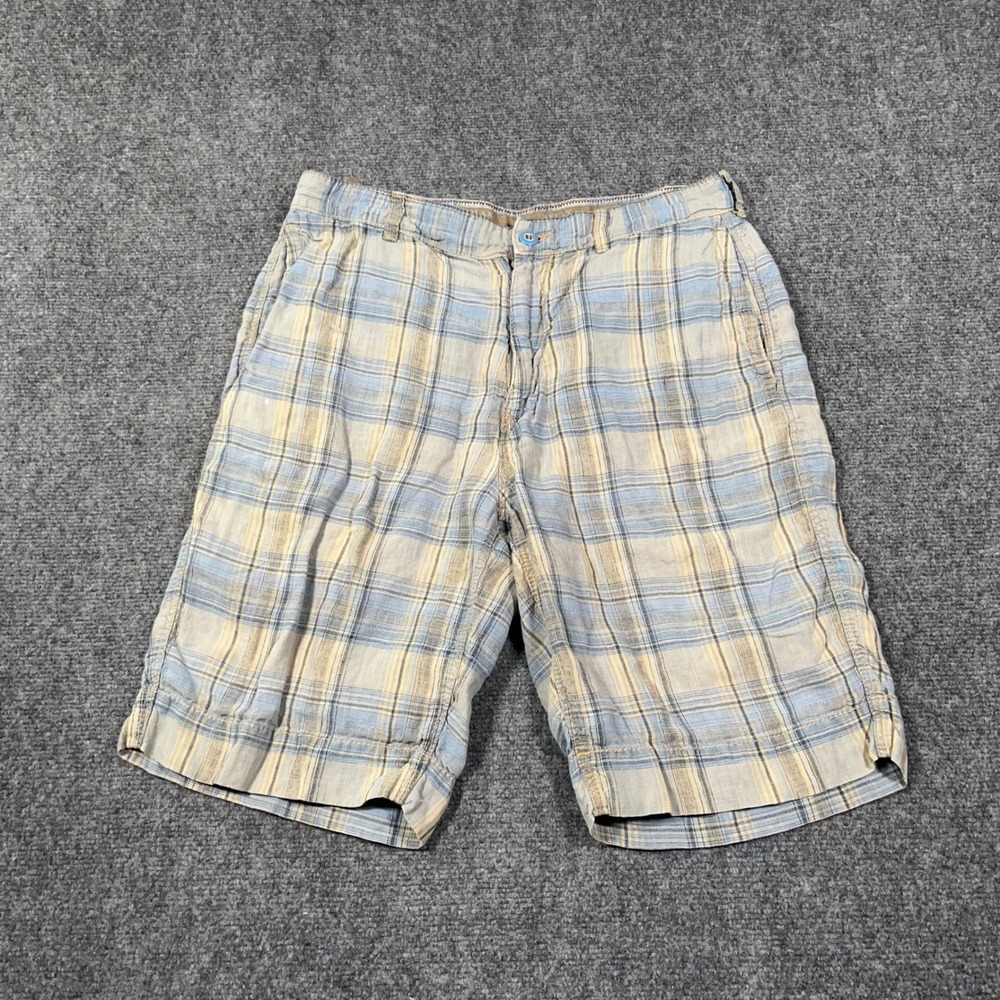 Tommy Bahama Relax Plaid Shorts Mens 32 100% Linen Blue Tan Casual Summer